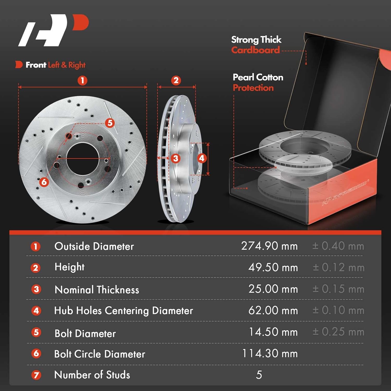 A-Premium 11.06 in (281 mm) Front Drilled and Slotted Disc Brake Rotors + Ceramic Pads Kit Compatible with Select Honda, Acura & Isuzu Models - CR-V, Odyssey, Prelude, TL, RL, Legend, Integra, Oasis