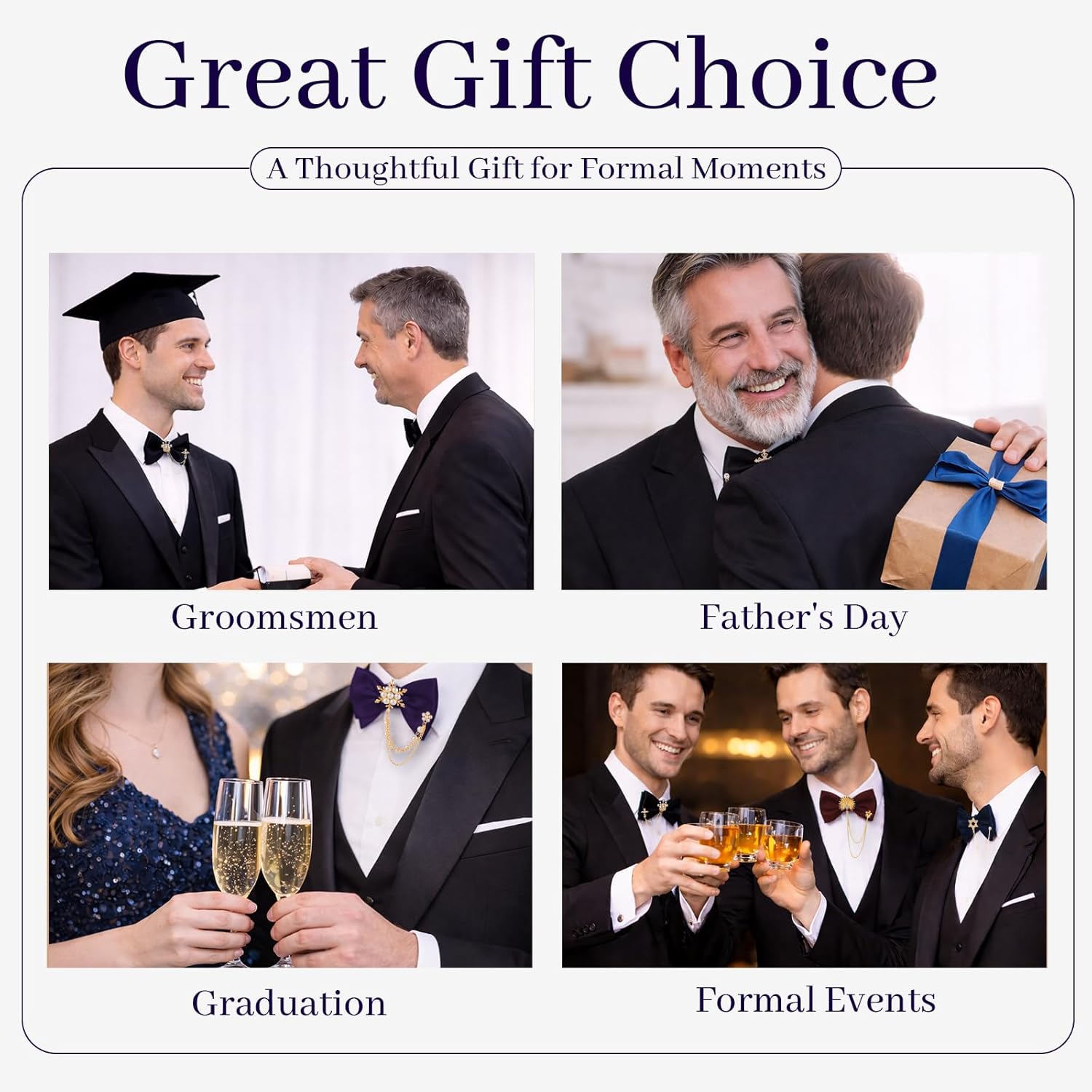 Adjustable Bowtie, Mens Black Bow Tie with Rhinestone Brooch Chain, Pre Tied Bow Ties for Men - Image 7