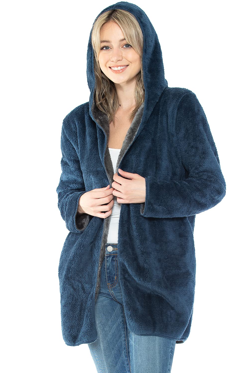 Wearable Blanket Hoodie in Thick Fleece Jacket with Pocket - Blue - Large Size - for Women and Men, Warm and Cozy