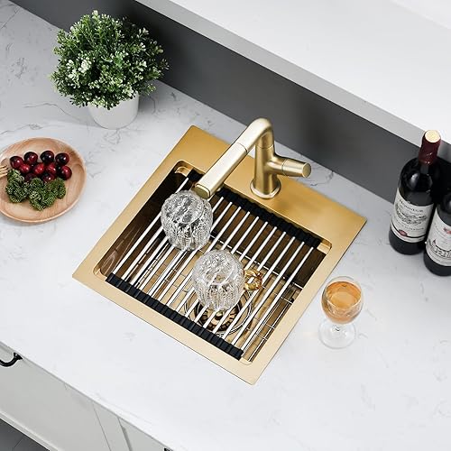 Miniatura 3 de Estación de trabajo de fregadero de barra empotrable dorado de 15 x 15 pulgadas - Calibre 16 acero inoxidable tazón individual, fregadero de cocina