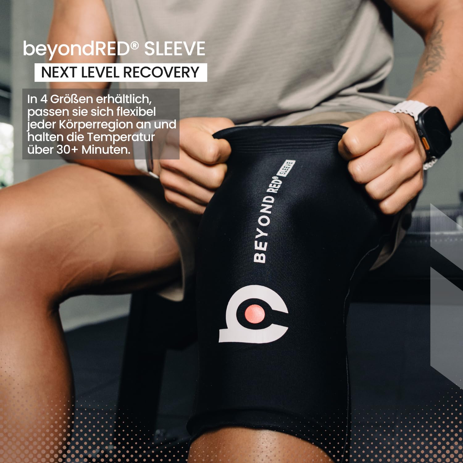 beyondRED® SLEEVE | Wärme- und Kältetherapie für Knöchel, Wade, Knie, Ellenbogen, Oberarm und Oberschenkel bei Muskelkater, Verspannungen, Schwellungen | 30+ Minuten Kälte/Wärme (L = 27,5 x 15 cm)
