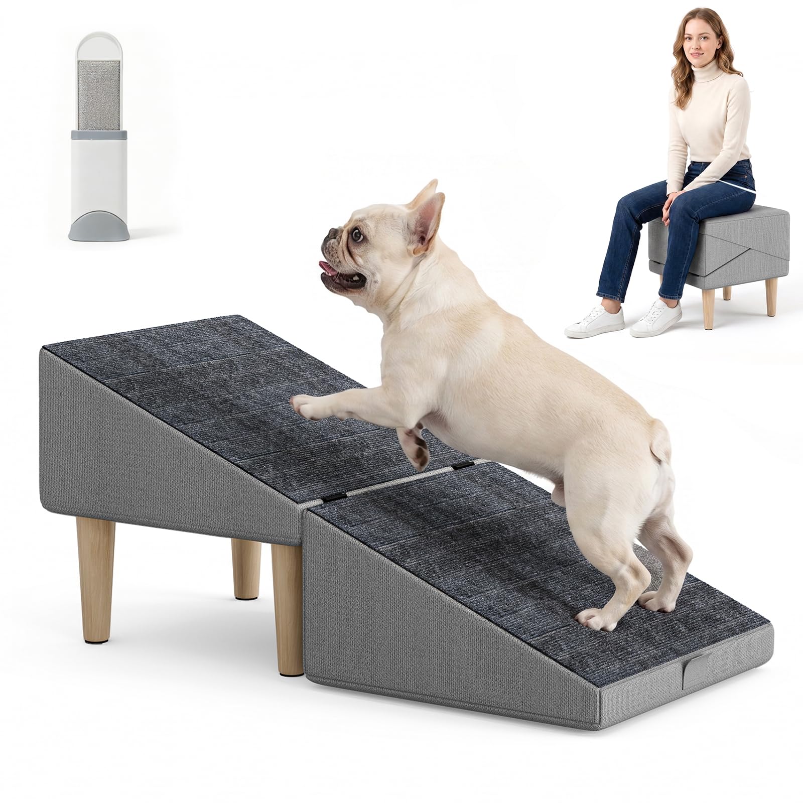 Photo 1 of 2-in-1 Folding Dog Ramp & Stairs for Small Dogs and Cats – Split Ottoman for Couch/Bed, with Removable Washable Anti-Slip Mat & Cleaning Brush (Light Grey Dog Ramp)