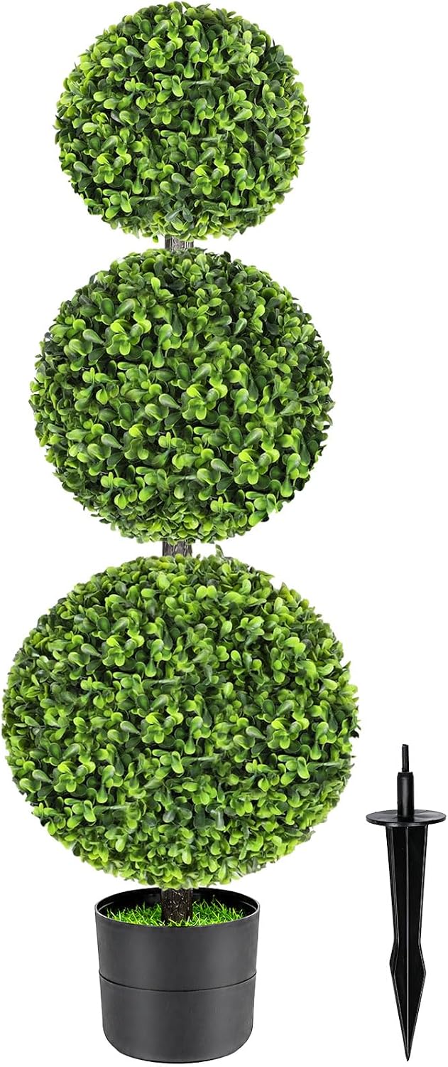 3FT Realistic Artificial Boxwood Triple Ball Topiary Tree with Pot/Ground Stake, UV-Resistant Faux Topiary Plant, Indoor Outdoor Realistic Faux Greenery for Home,Front Porch,Patio,Balcony,Yard Decor