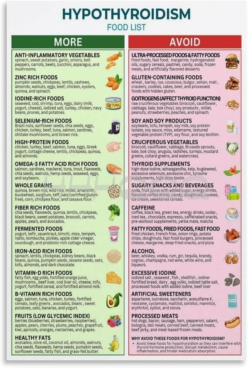 RQLVZHGK Hypothyroid Diet Food Chart - Complete Thyroid Health Foods & Weight Loss Meal Plan Guide Framed,16x24inch(40x60cm)