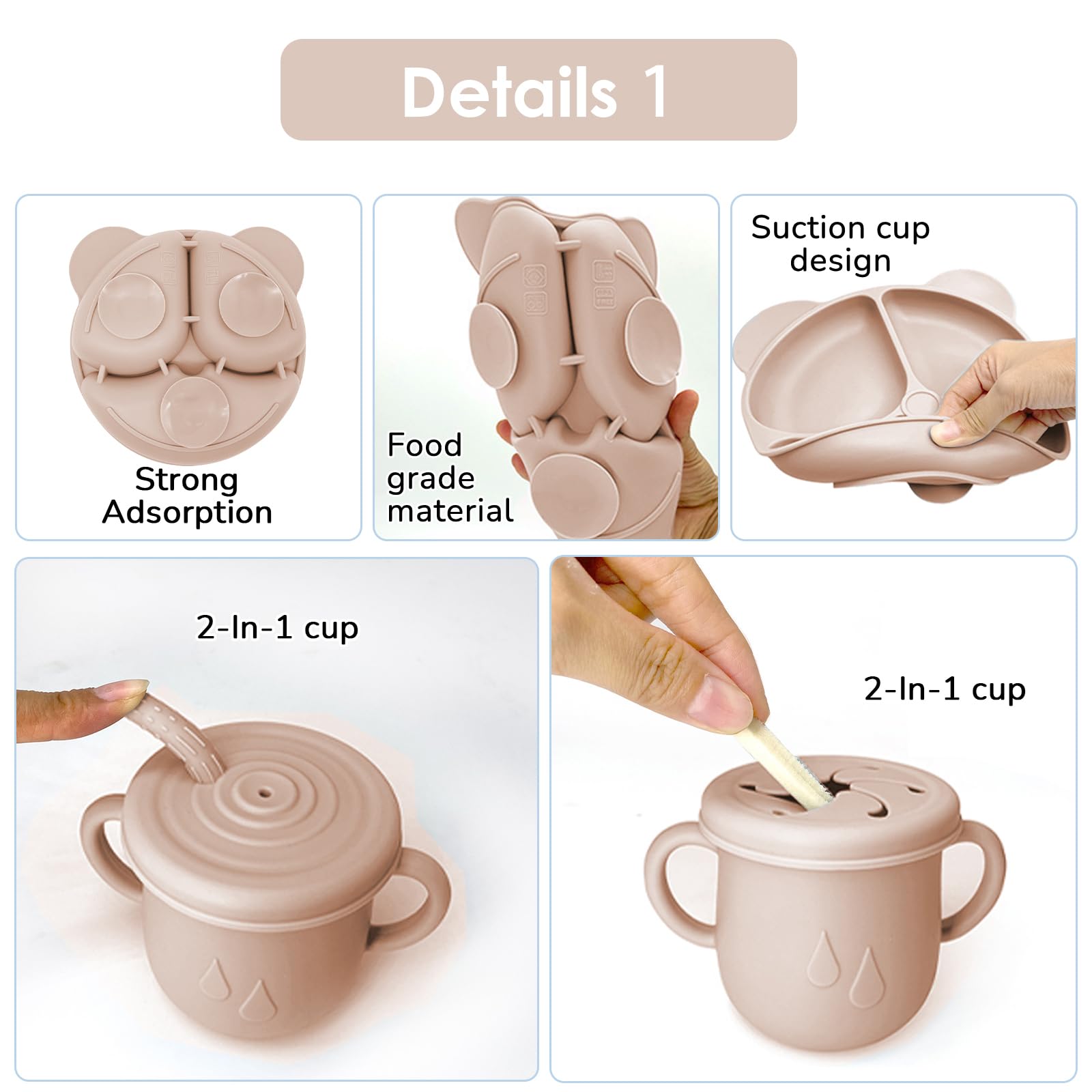14 pièces Coffret Repas Bebe Silicone, Assiette bebe Set avec Ventouse Assiette Bol Fourche Cuillère Bavoir et Tasse, Enfant Set Couverts Vaisselle Pour Sevrage Manger (Beige)