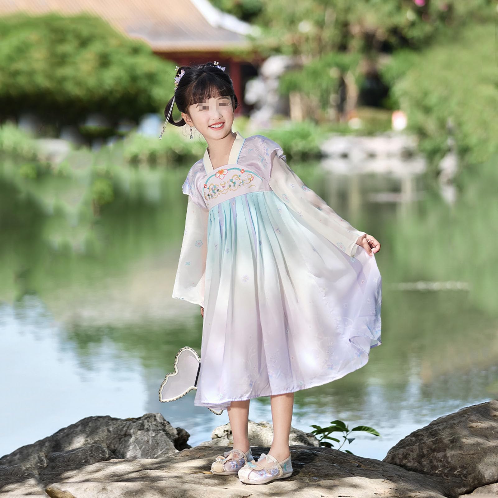 Letnia tradycyjna sukienka Hanfu dla dziewczynki i zestaw Cheongsam Qipao, chiński kwiatowy kostium z dynastii Ruqun Tang dla dzieci Dziecko, wróżka długimi rękawami strój Cosplay,150
