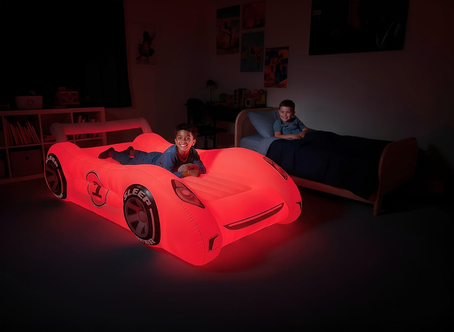 Air Candy Sleep Racer Dream Car Inflatable Kids Bed with LED Night Light Glow – Red Race Car Air Mattress for Kids Sleepovers, Naps & Travel, Ages 3–12