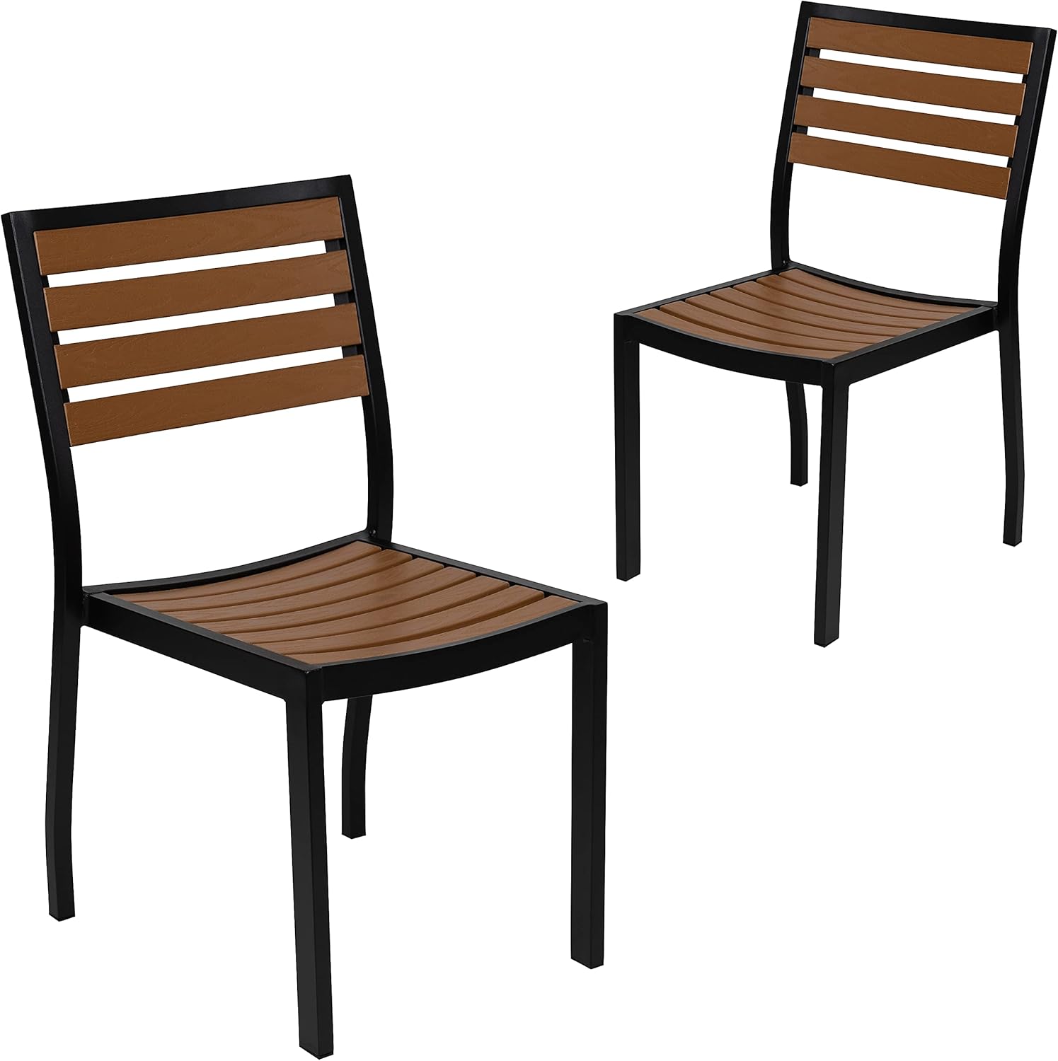 Flash Furniture Lark Outdoor Stackable Side Chair with Faux Teak Poly Slats, Set of 2