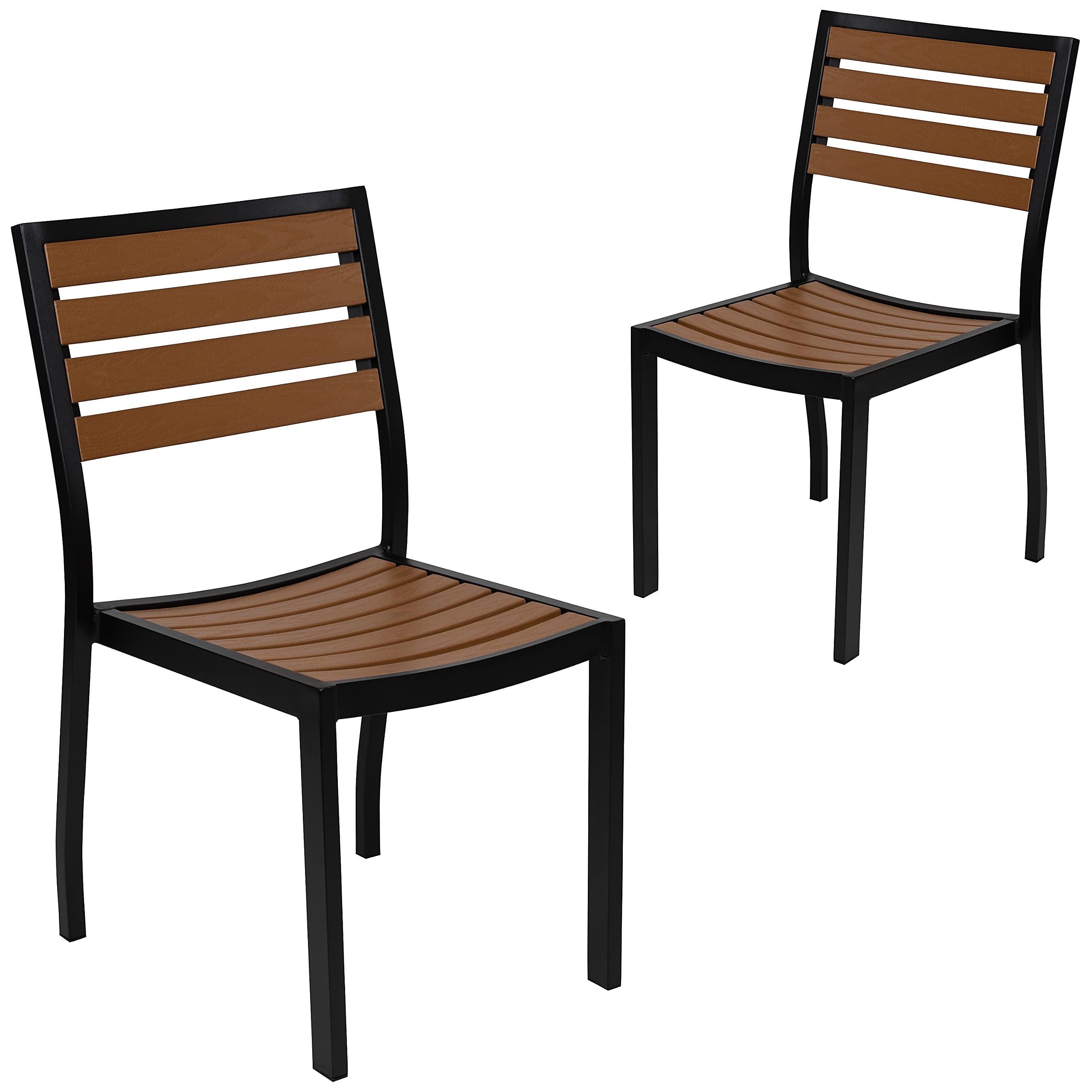 Two Flash Furniture Lark Outdoor Stackable Side Chairs with faux teak poly slats in a room with large windows.