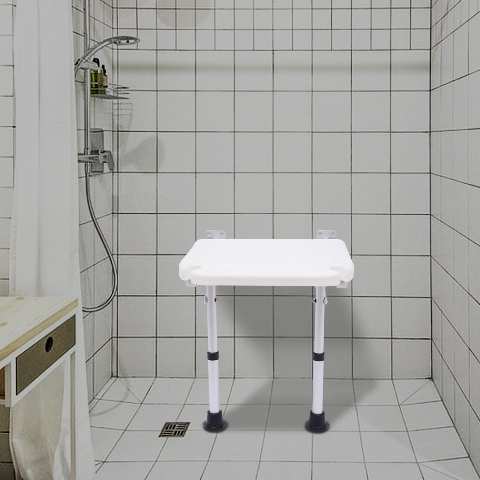 Sgabello da doccia regolabile in altezza (42-53 cm), stabile, pieghevole, montaggio a parete, con piedini di supporto, sedia pieghevole per doccia