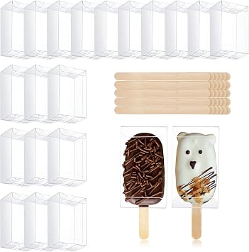 30 Sets Clear Cakesicle Boxes with Wooden Popsicle Sticks for Cake Pops | Cake Pop Box Set With Transparent Dessert Boxes and Sticks for Ice Cream Bars, Candy Treats, Gifts, and Parties