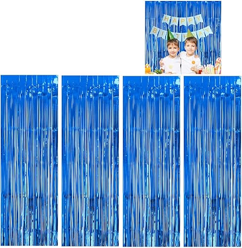 Paquete de 4 cortinas de flecos de papel aluminio azul de 3.28 x 8.2 pies, cortina de telón de fondo para puerta de oropel para cumpleaños, boda,