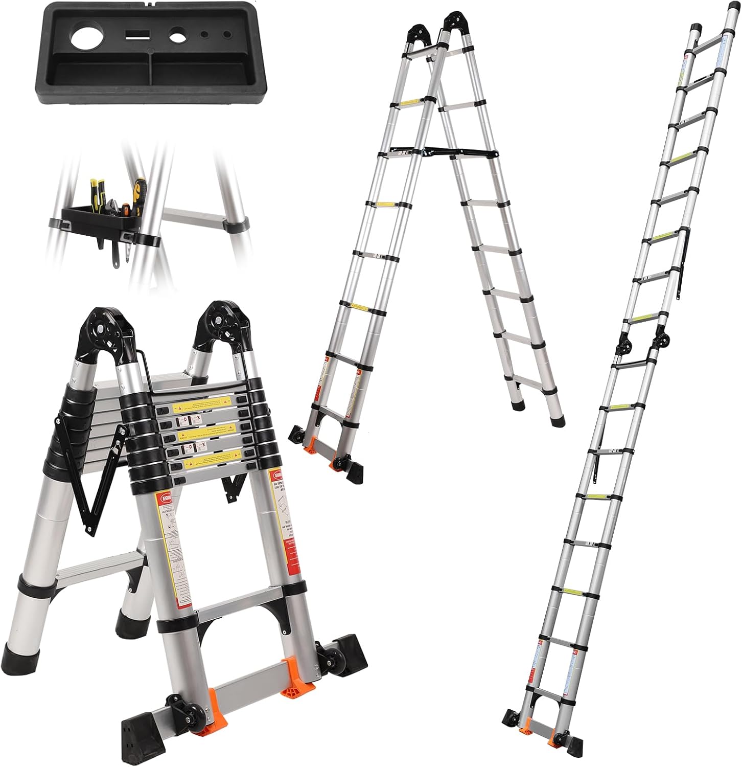 16.5FT Telescoping A Frame Ladder with Tool Platform and Stabilizer Bar