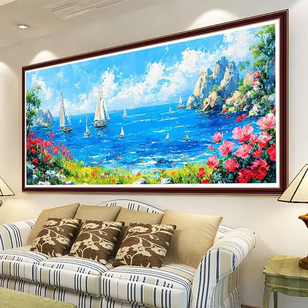 Wanziho Malen Nach Zahlen Erwachsene Meer Paint by Numbers, DIY Malen Nach Zahlen Blume, mit Pinseln und Acrylfarben Handgemalt Ölgemälde Leinwand für Home Decorr, Ohne Rahmen 60x120cm P-n