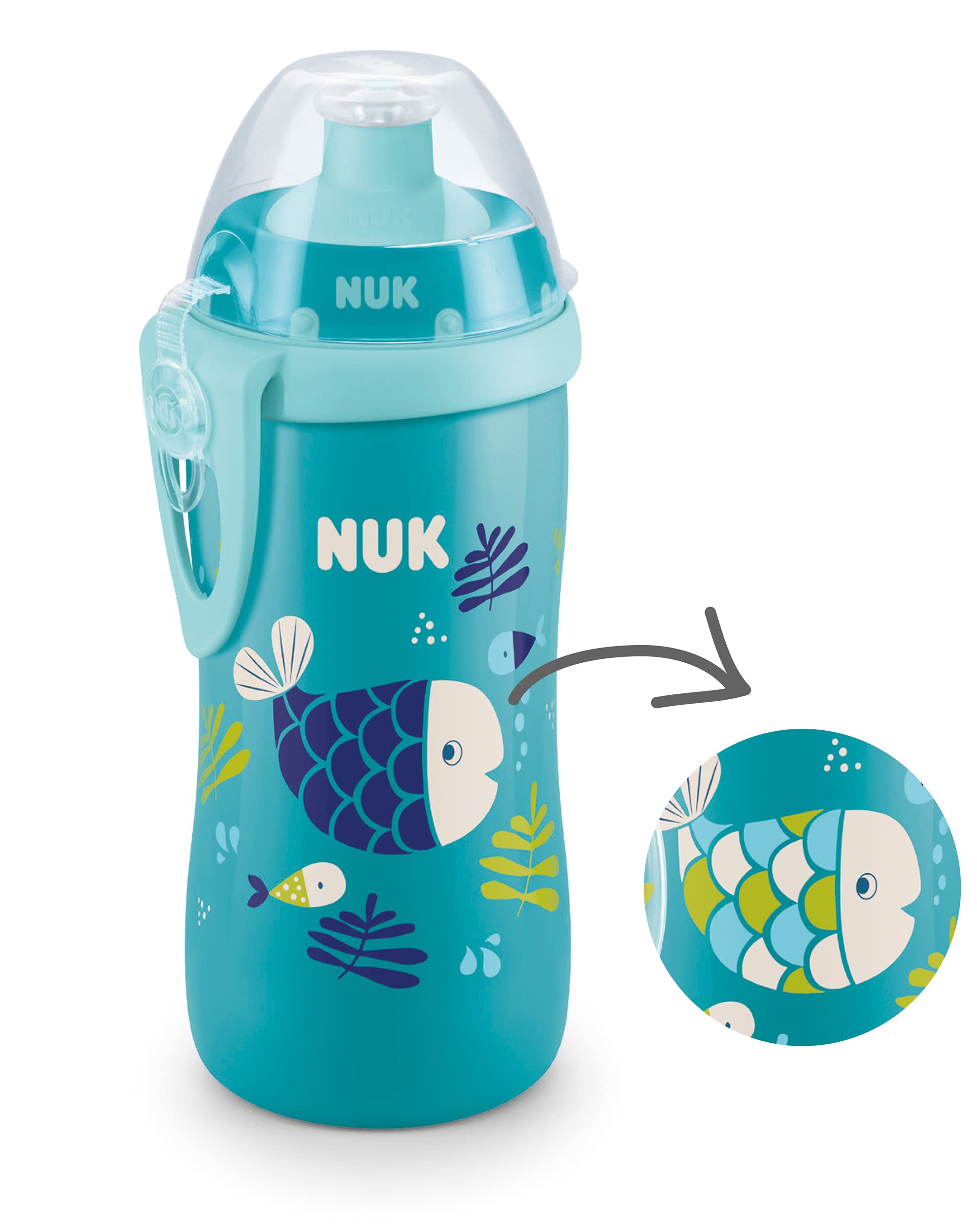 NUK Junior Cup Gourde avec effet caméléon - 18 mois et plus - Avec changement de couleur - Gobelet d'apprentissage anti-fuite avec bec poussoir - Clip et capuchon de protection - Sans BPA - 300 ml