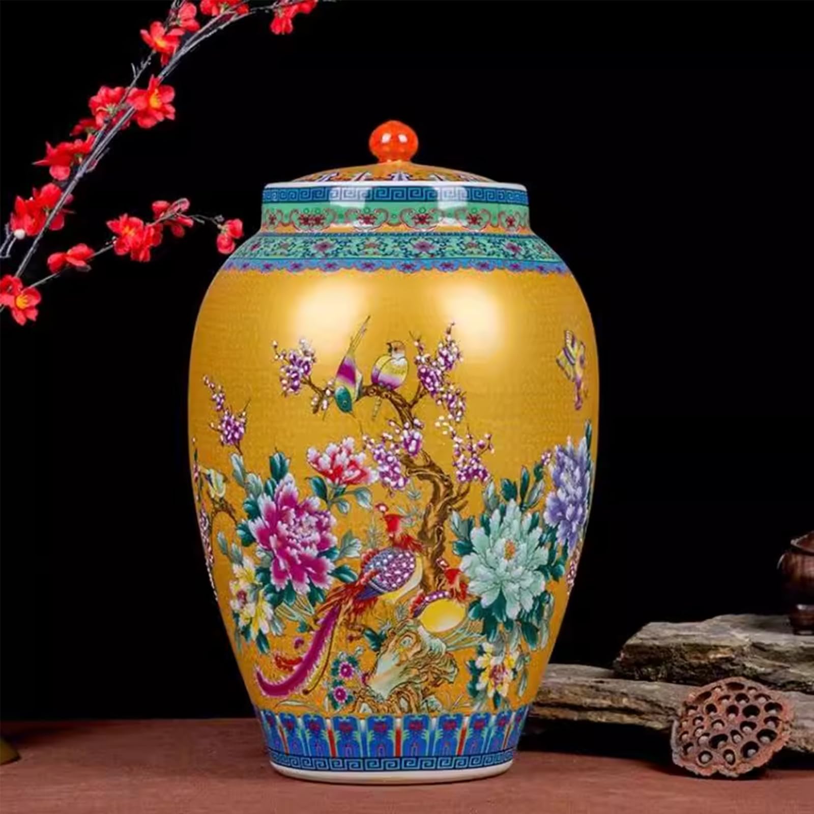 Ceramic Rice Bucket Grain Dispenser With Lid Household Rice Storage Barrel 10kg Ceramic coffee Bucket Large Rice Jar Grain Storage Bin Chinese Design Multifunctional tank For Beans Corns E 10KG