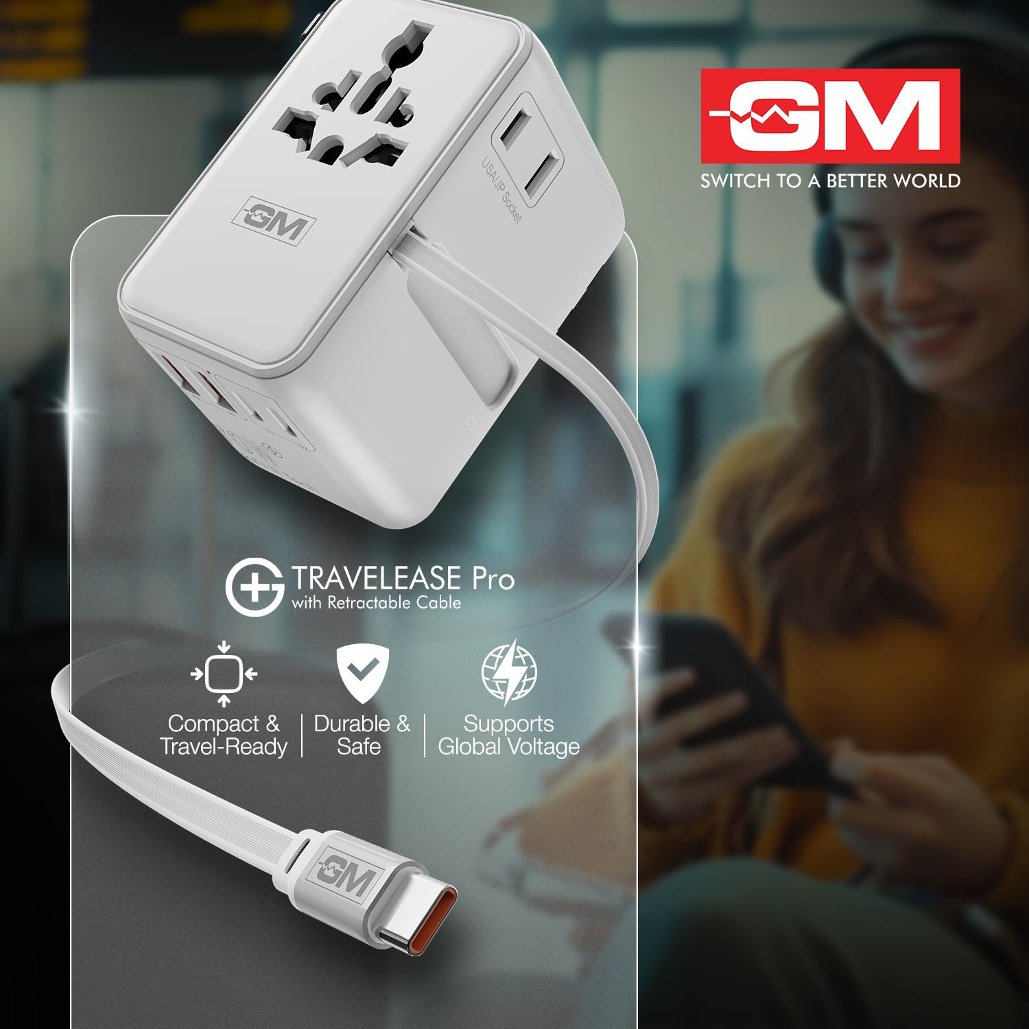 GM G+ 70W TravelEase Pro GaN International Travel Adapter, US, UK, EU, AU & 150+ Countries, 75cm Retractable Cable, 2 USB-A&USB-C Ports, Fast Charging Smartphones, Laptop, MacBook Air-M4, Tablet, DSLR 3