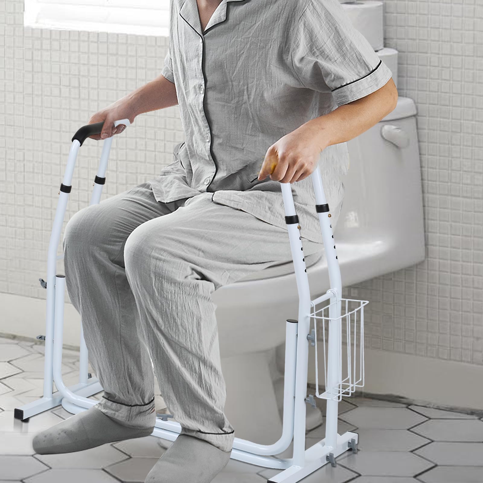 Sonnewelt Supporto mobile per WC con cestino, regolabile in altezza, antiscivolo, supporto per WC per anziani, portata fino a 200 kg