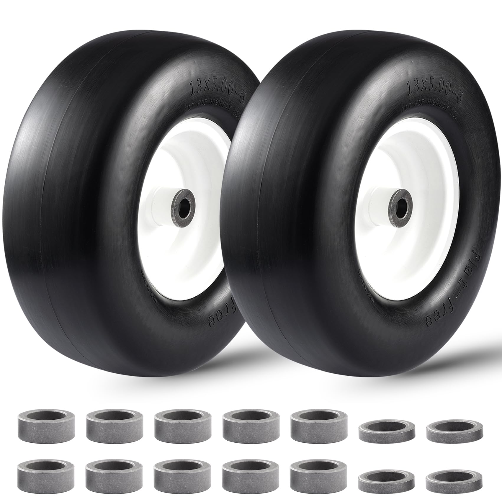 13x5.00-6" Flat Free Lawn Mower Tire, Zero Turn Mower Front Tire,Lawn Garden Turf Solid Tire and Wheel Assembly with Steel Rim, 3/4" Grease Bushing and 3.25"-5.9" Centered Hub, 2 pack