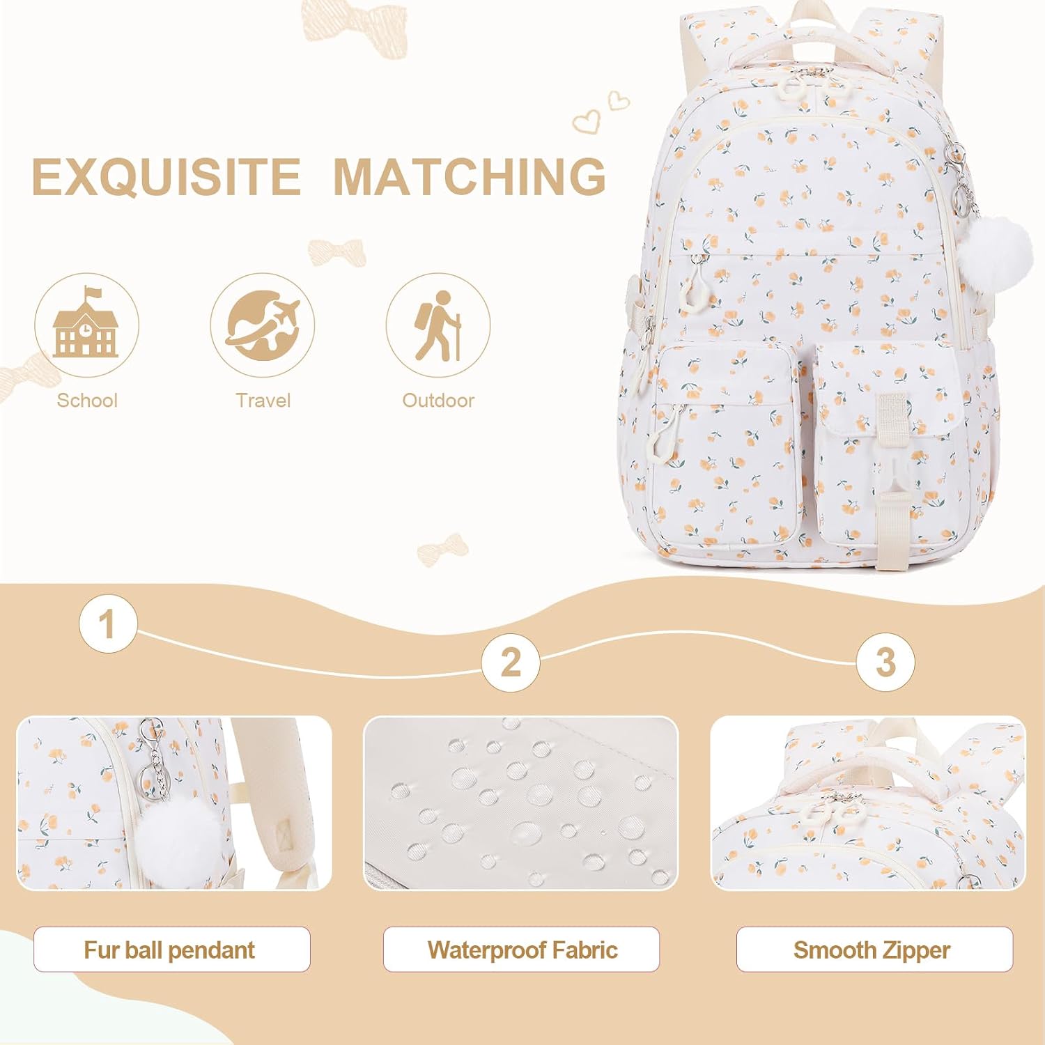 DIGOBAY 3PCS Girls Backpack for School, Kids Backpack for Girls with Lunch Bag Pencil Case, Kids Bookbag Teen Girl Backpacks for Elementary Middle High College School (Beige Floral Print)