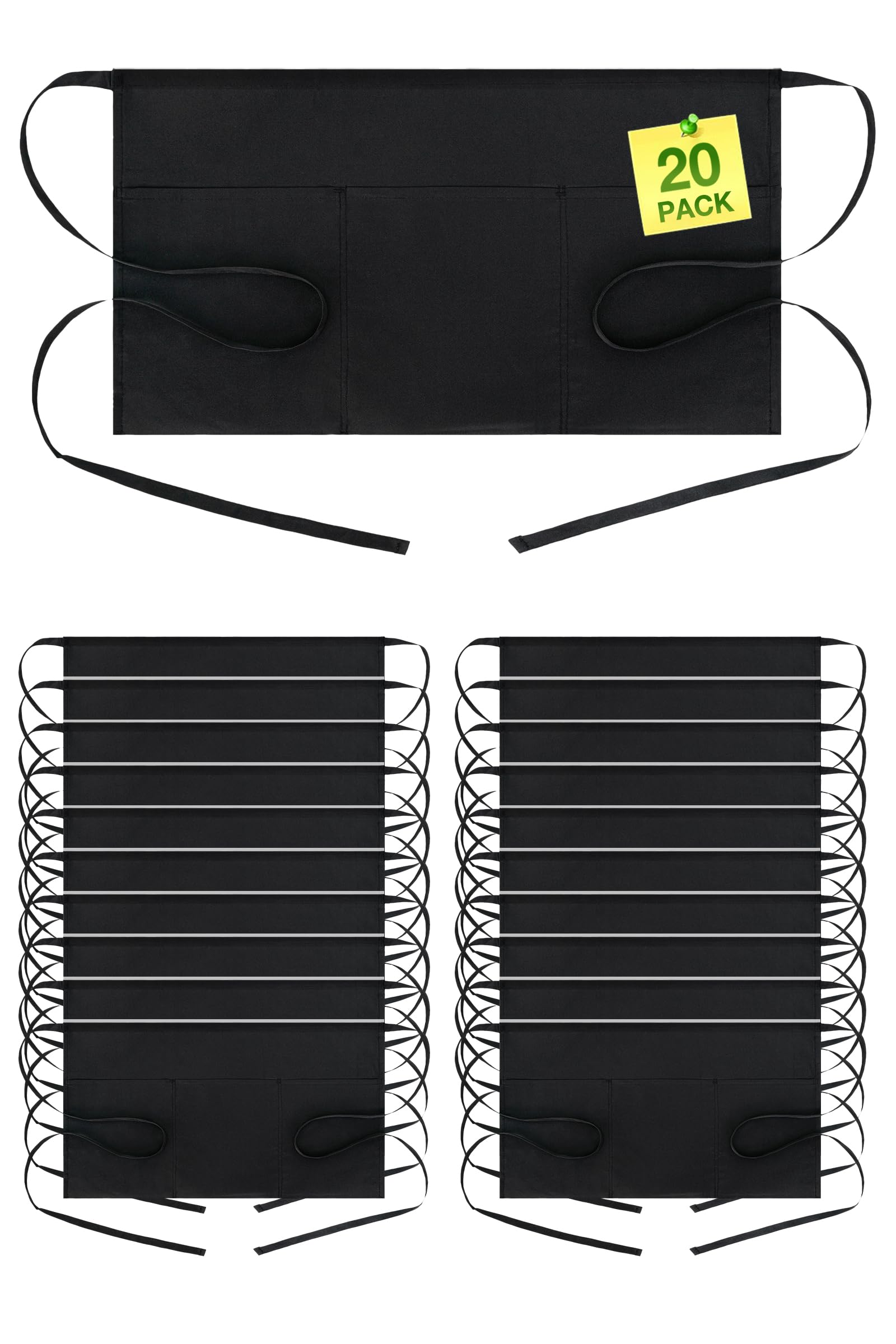 BOHARERS Delantales de cintura con 3 bolsillos, delantales negros para camarera, medio corto, cocina, restaurante, para mujeres y hombres, 24 x 12 pulgadas para guardar el libro de meseros, tarjetas