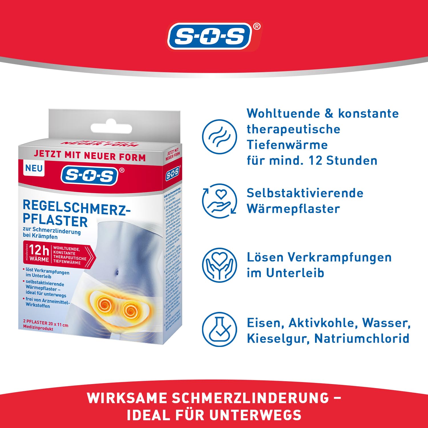 SOS Regelschmerz-Pflaster (6x 2 Stück) - angenehme Wärme zur Schmerzlinderung bei Krämpfen - wohltuende und konstante Tiefenwärme bei Schmerzen während der Menstruation - je 20 x 11 cm