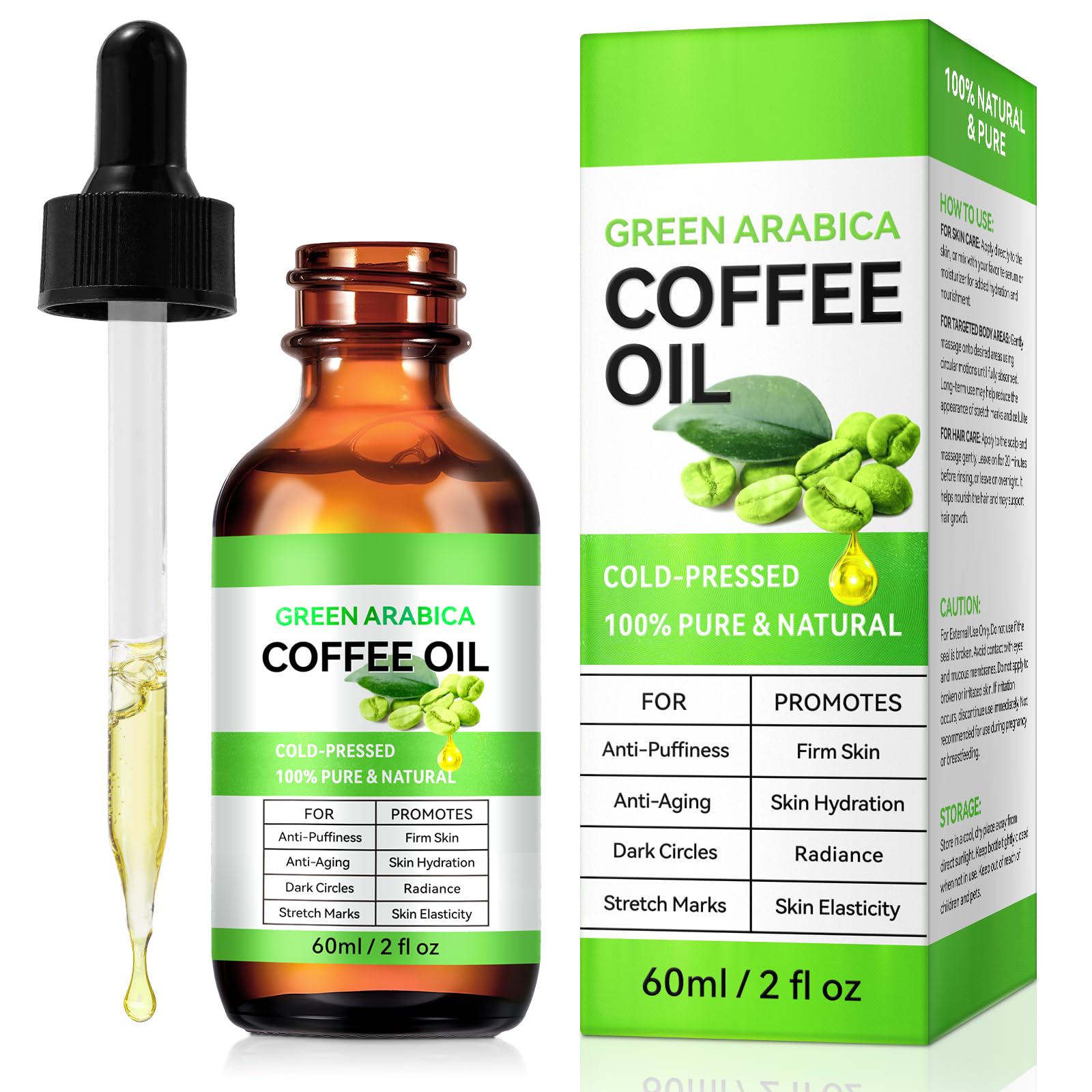 Olio da caffè contro le rughe, 60 ml, olio da caffè puro e naturale al 100%, contro le rughe per il viso e i capelli del corpo, olio di caffè per il viso, anti-muffiness & Firm Skin | Olio di caffè