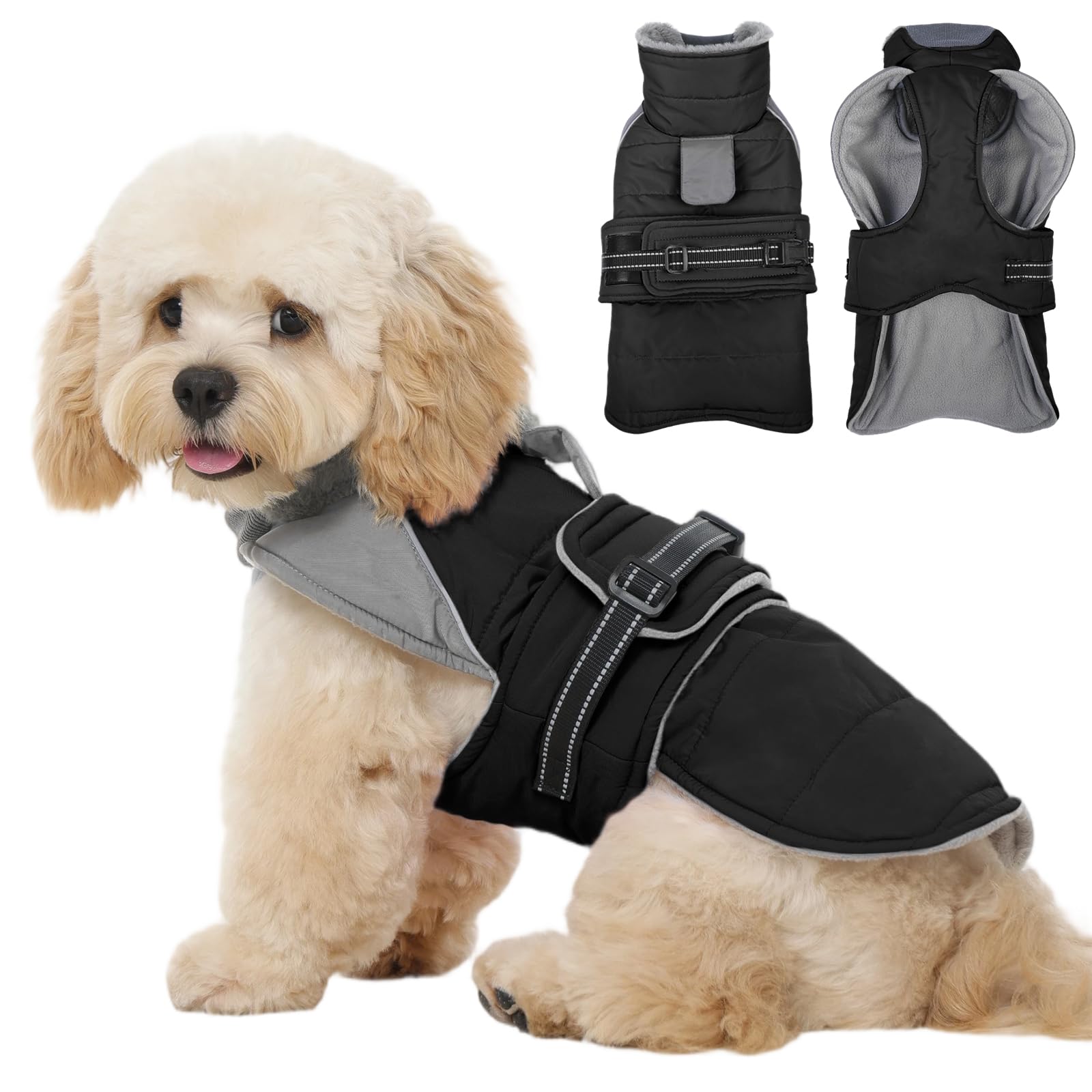 Kuoser Dog Warm Jacket Waterproof Reflective Dog Coat Fleece Lined, Black M