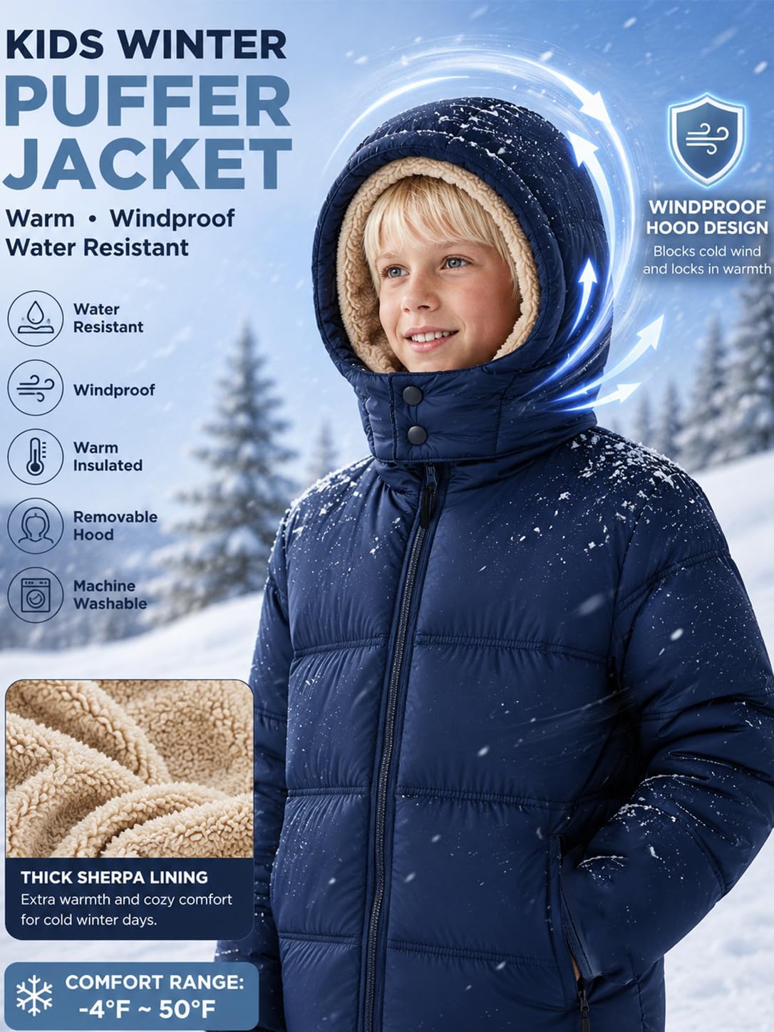 Kids Winter Coat Boys Sherpa Fleece Lined Jacket Girls Thermal Puffer Water-Resistant Outerwear with Detachable Hood