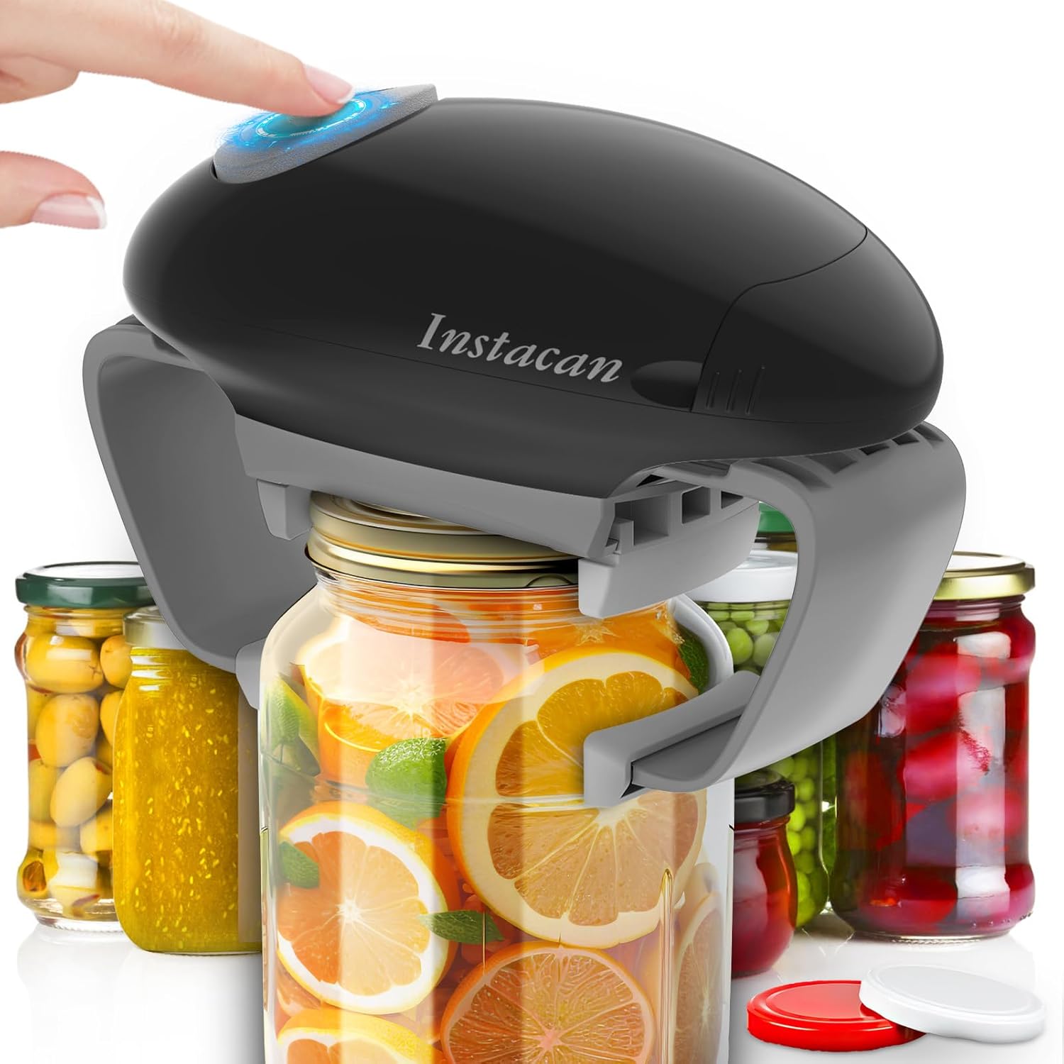 INSTACAN Higher Torque and One Touch Electric Jar Opener Easy Remove Almost Size Lid with Auto-Off, Powerful Bottle Opener for Arthritic Hands, Automatic Jar Opener for Weak Hands and Seniors (Black)