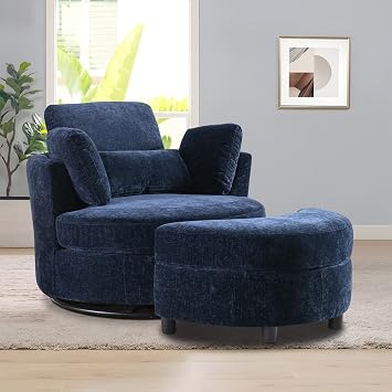 Chair and A Half with Ottoman, 360 Swivel Chair Modern Circle Round Love Seat Sofa Couch Set Big Comfy Accent Barrel Chairs Living Room Bedroom Lounge Reading Corner Furniture with 4 Pillows Navy