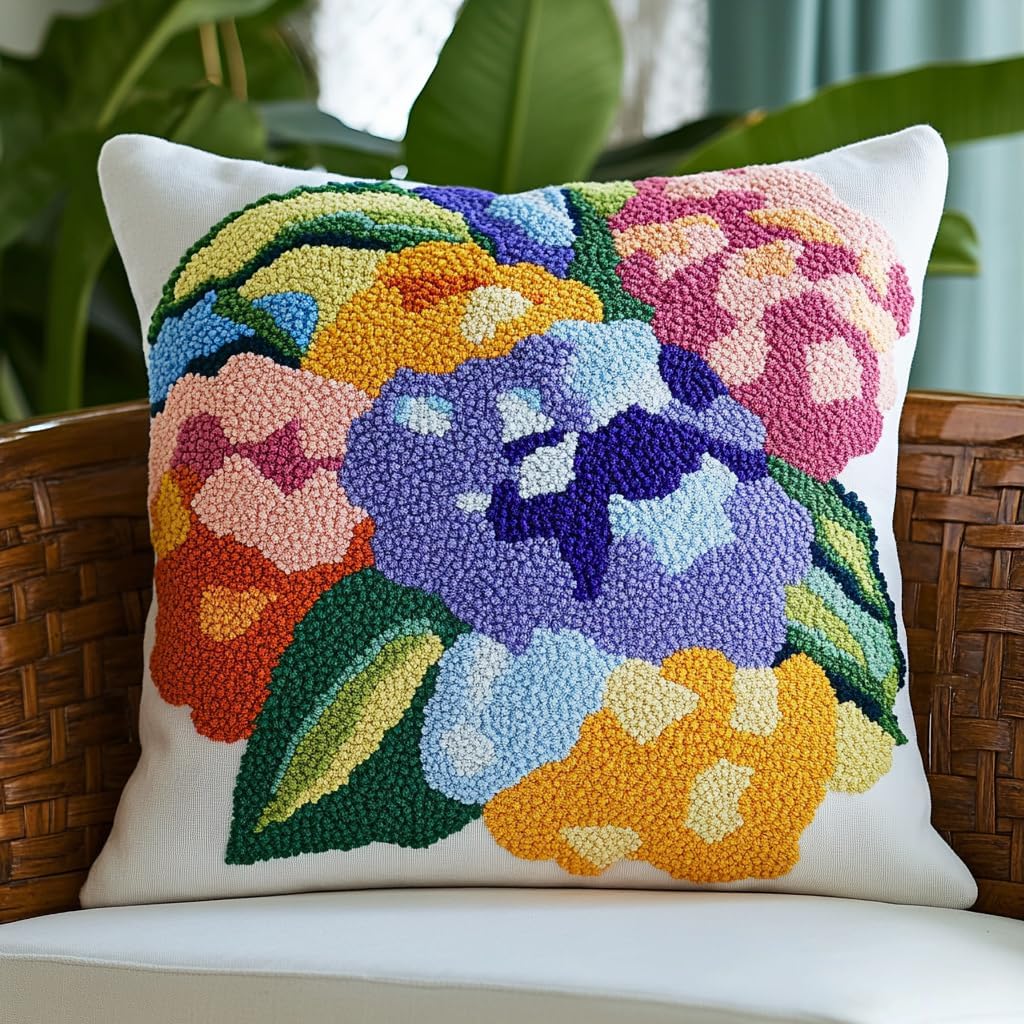 DIY Punch Needle Pillow Kit Hydrangea Flowers with Pattern and Hoop Handmade Embroidery Punch Needle Starter Pillowcase Set for Home Sofa Decor 43x43cm-1-5