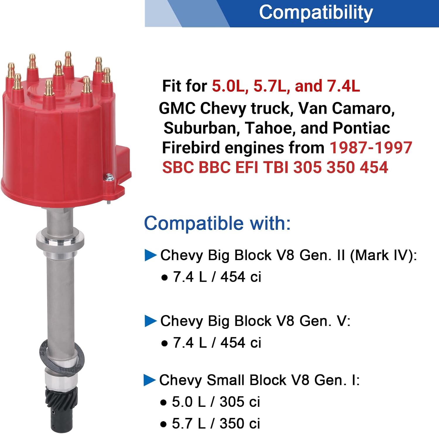 Ignition Distributor w/Cap & Rotor Big Blocks Small Blocks Compatible with 1987-1997 Chevy GMC 5.0L 5.7L 7.4L C/K Pickup Truck Van Camaro 305 350 454 HEI652R Red Cap
