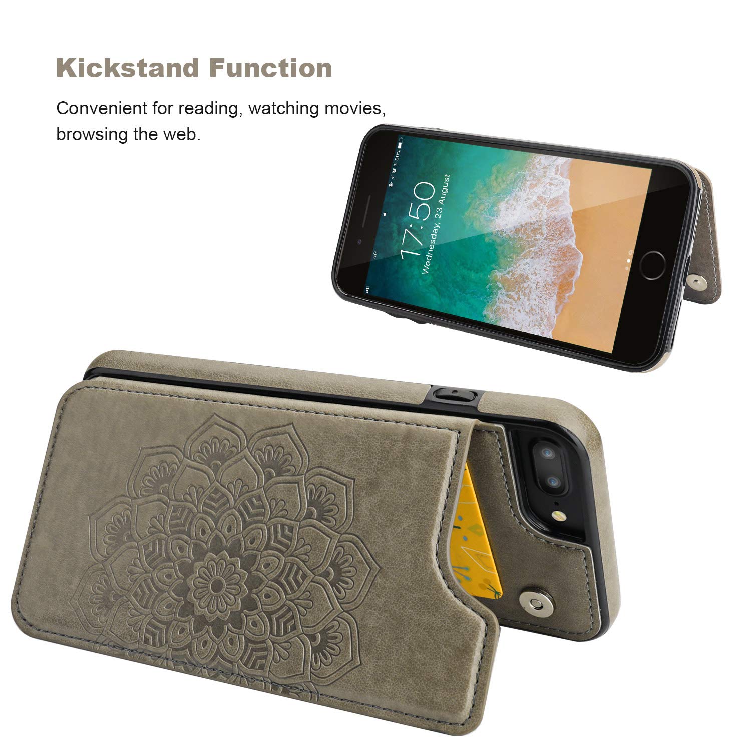 Vaburs Étui portefeuille à rabat pour iPhone 7 Plus/8 Plus avec porte-cartes - Motif mandala en relief - En cuir synthétique de qualité supérieure - Double bouton magnétique à rabat - Antichoc (14 cm,