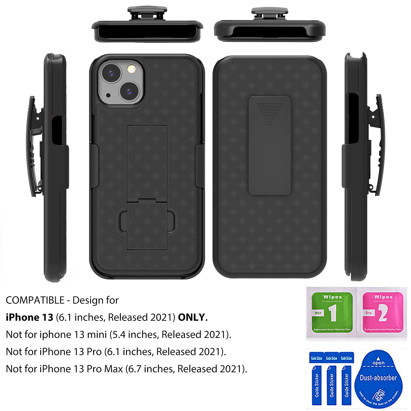 Coque IPhone 13 Avec Support Intégré Et Clip Ceinture - Antichoc, Protection Complète, Couleur Noire