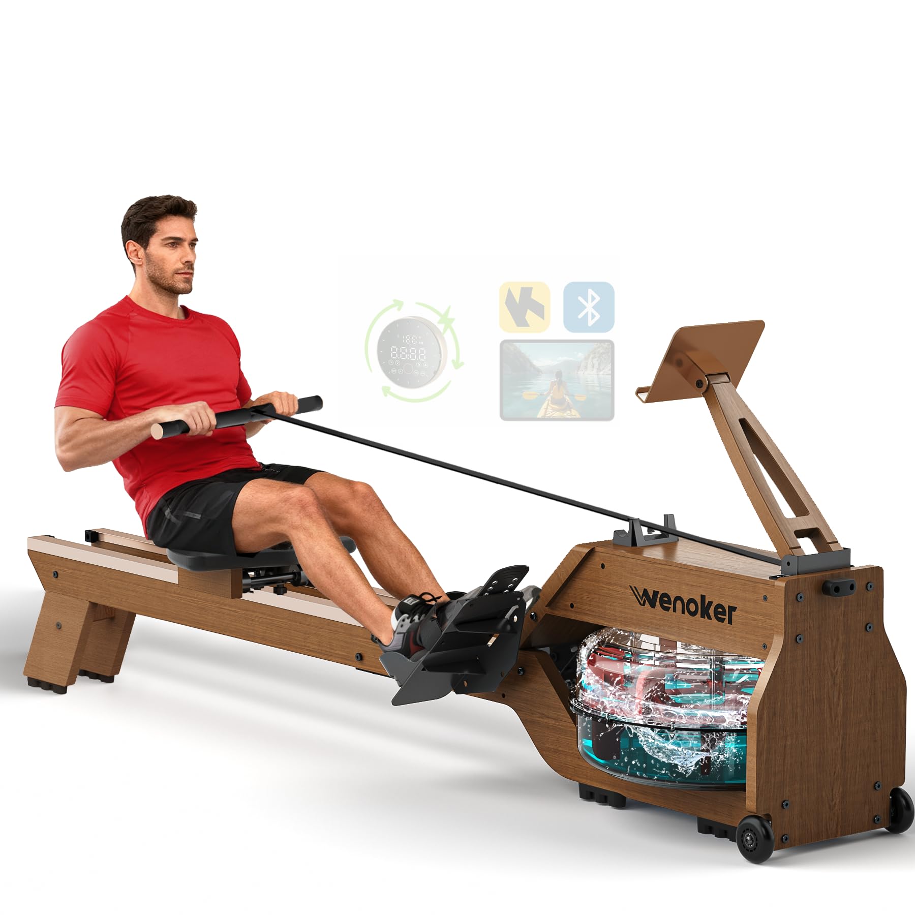 WENOKER Water Rowing Machines for Home Use, Rower Machine with Smart Electronic Knob,Wooden Row Machine with LCD Monitor & Comfortable Seat, Bluetooth