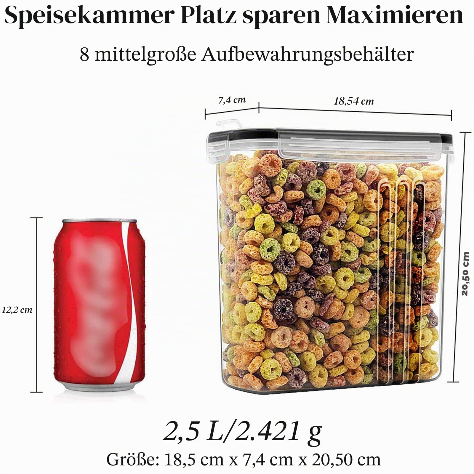 Wildone Frischhaltedosen, luftdicht, Vorratsdosen für Müsli und trockene Lebensmittel, Zucker, Mehl, Snacks, Backzubehör, auslaufsicher, mit schwarzem Verschlussdeckel, 2,5 l, 8 Stück