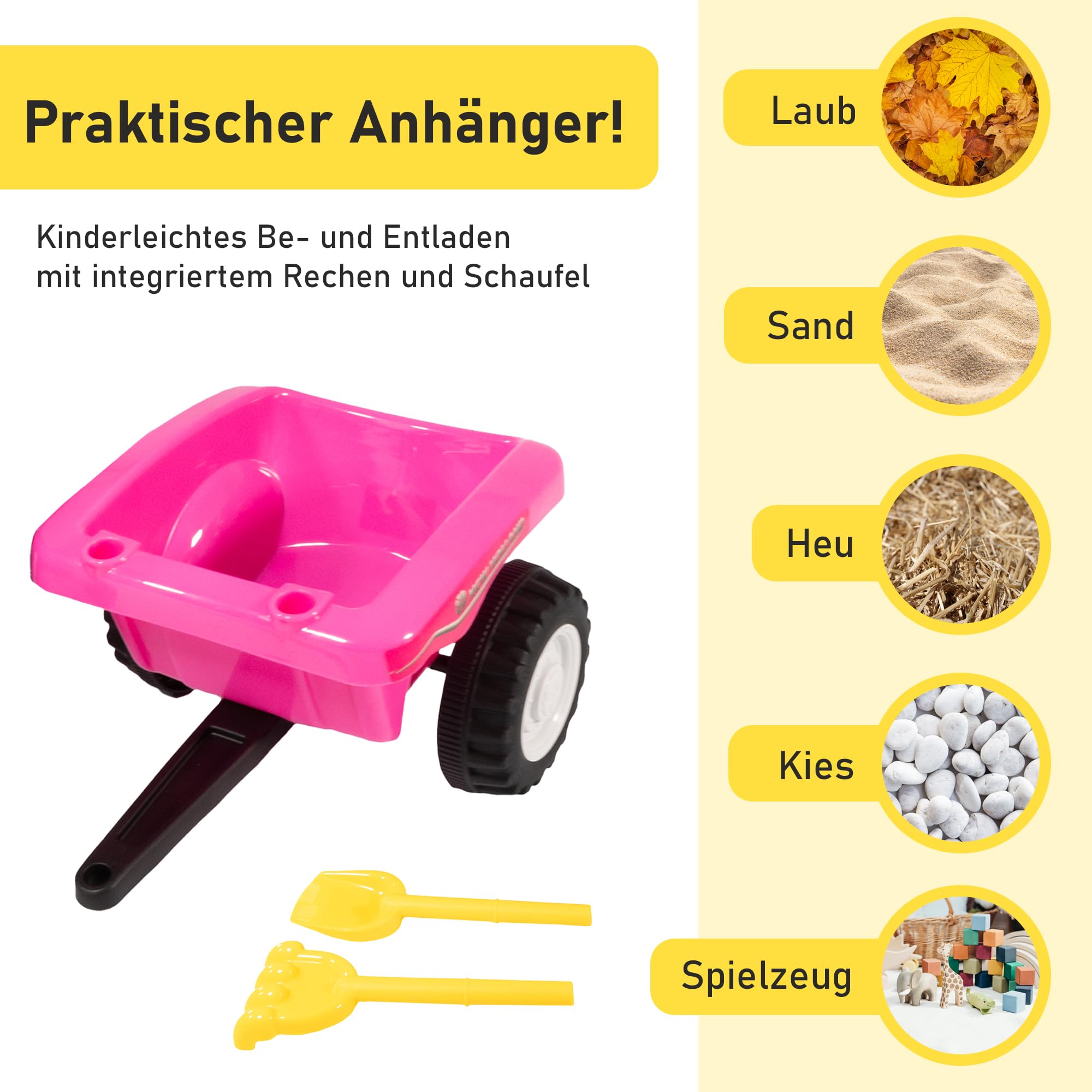 Lemodo Rutschauto Traktor New Holland ab 1 Jahr | Kinderauto mit Anhänger | Rutschfahrzeug mit Schaufel und Rechen | Kinderfahrzeug in pink | Rutscher mit Sound, Licht | Lizenziertes Kinderspielzeug