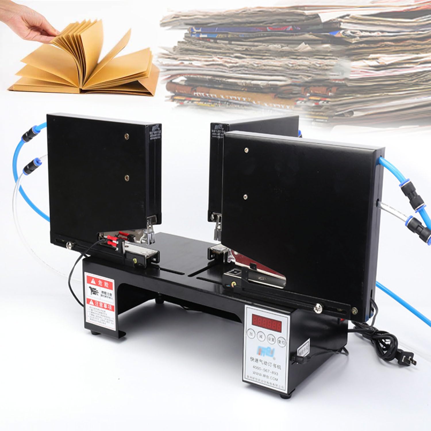 Elektrischer Sattelhefter mit Digitalanzeige, T-Typ Drei Köpfe Schnellhefter Maschine, Pneumatischer Hefter mit Zähler, Einstellbarer Positionierplatte & Pop-Up-Nagelschlitz für Verlag