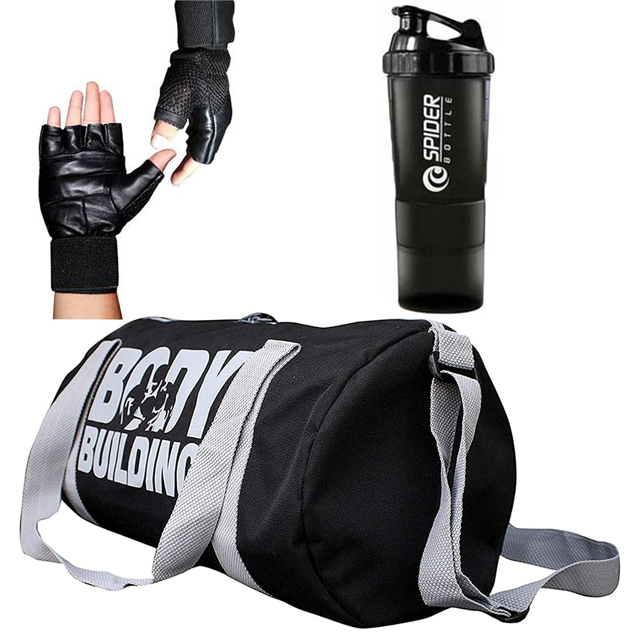 Hang It Gym Bag Combo for Men ll Black Gym Bag, Black Bottle & Black Polyester Gloves ll Gym kit for Men ll Gym Bag with Shoe Compartment Gym & Exercise_and_Fitness Kit
