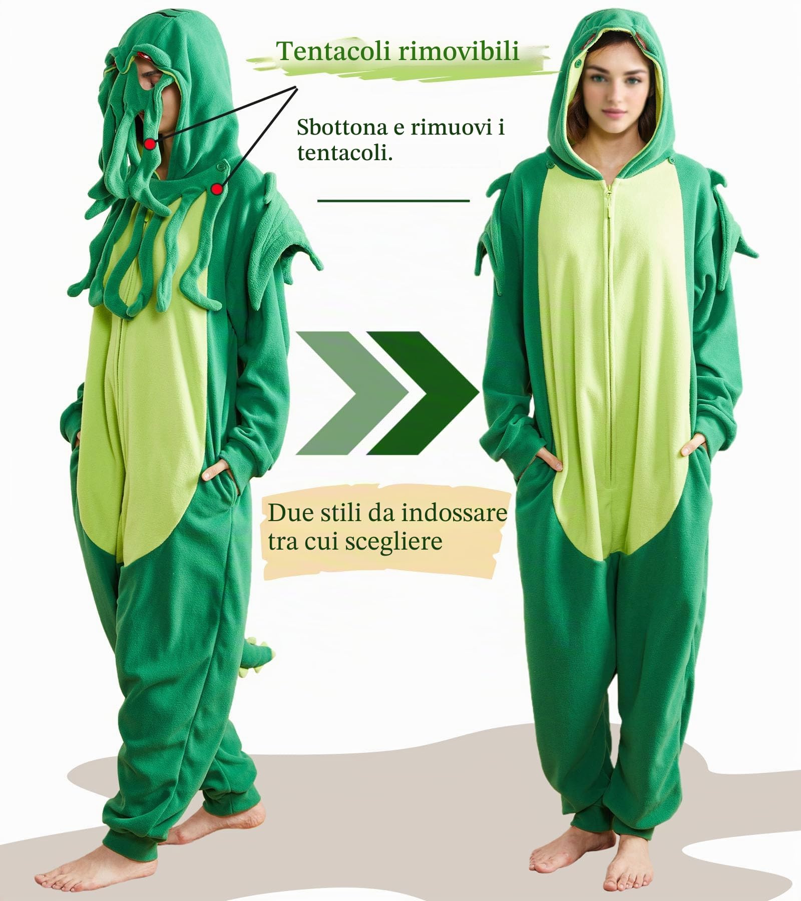 Unisex Pigiama Animale Misteriose Adulto Tuta Verde Costume di Carnevale Festa di Halloween Cosplay Onesie Donne Uomini
