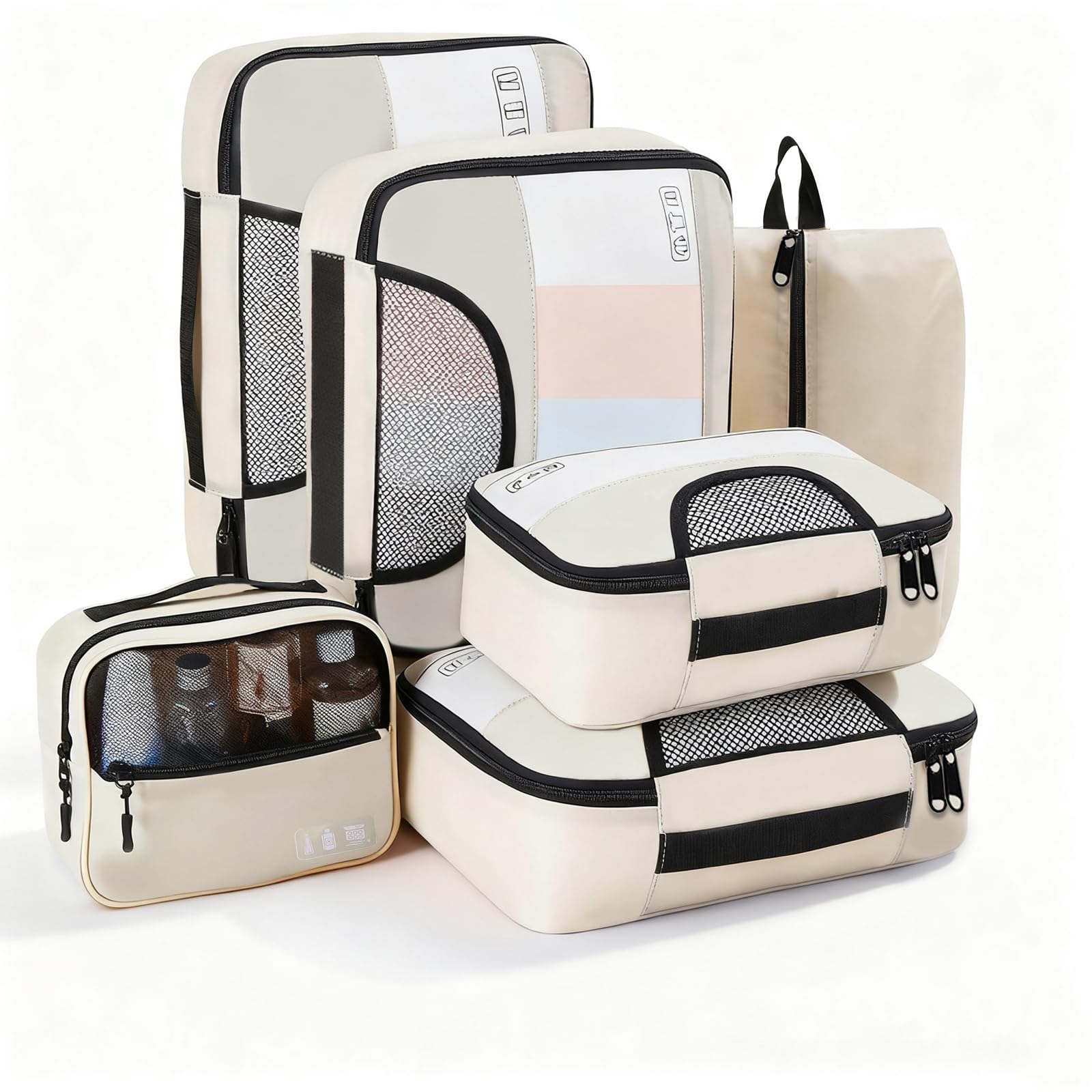 6PCS Travel Packing Organiser Set, Clear EVA Packing Cube for Suitcase,Visible Luggage Organiser Bag for Backpack, Ultralight Oxford Fabric Packing Cube for Home/Vacation/Camping/Essentials-Off White