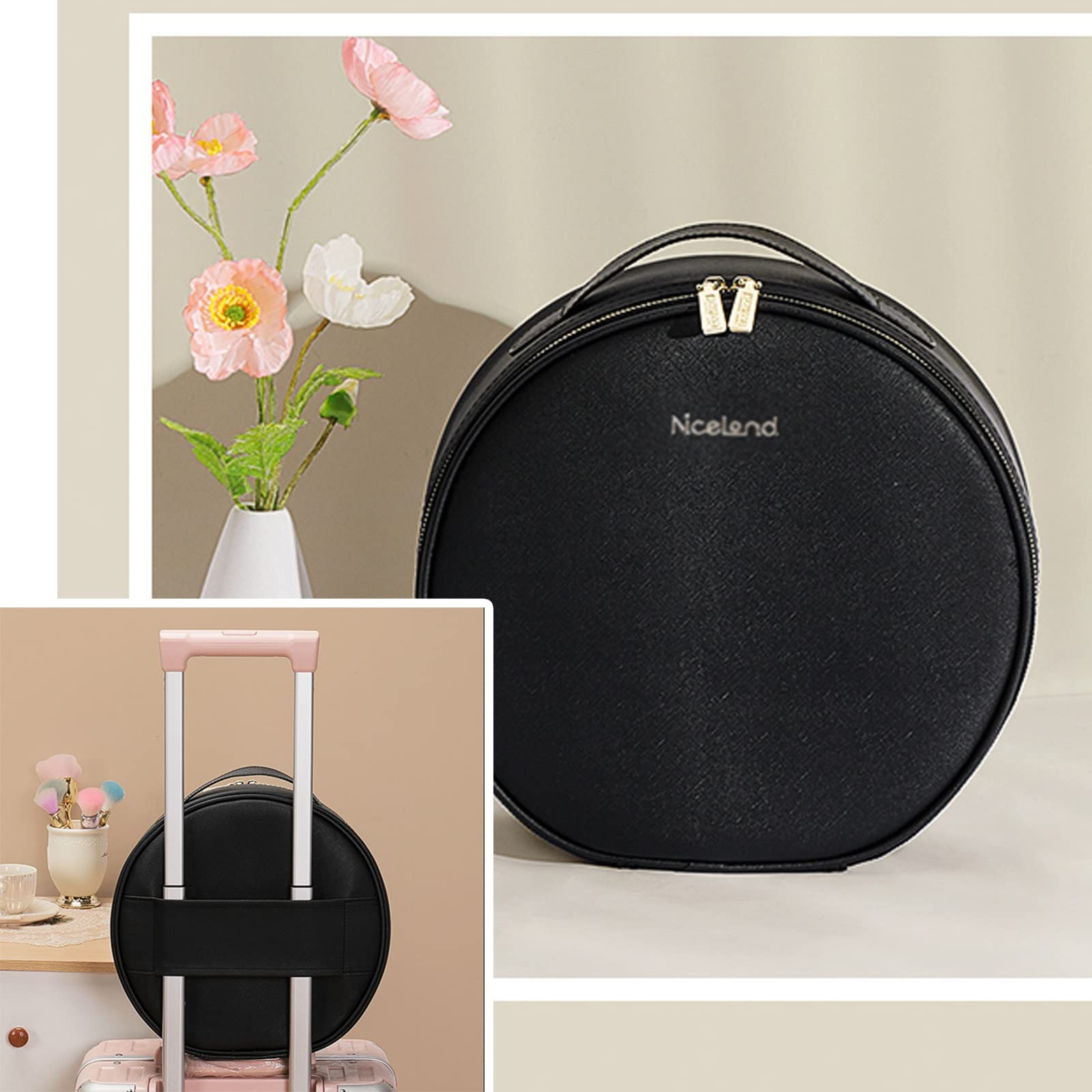 HJXGQJM Valigia Trucchi Cofanetto Makeup Beauty Case da Viaggio Organizzatore per Cosmetici con Specchio, con Luce LED Rotondo Nero Valigia da Trucco Professionale(Pink)