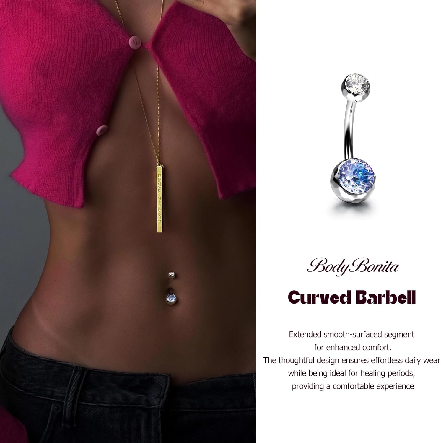 BodyBonita Color-Shifting Zircon Belly Button Ring 14G, G23 Titanium Internally Threaded Belly Button Piercing, Curved Barbell Belly Rings, Navel Rings for Women with 10/12/14/16mm Bar, Silver - Image 4