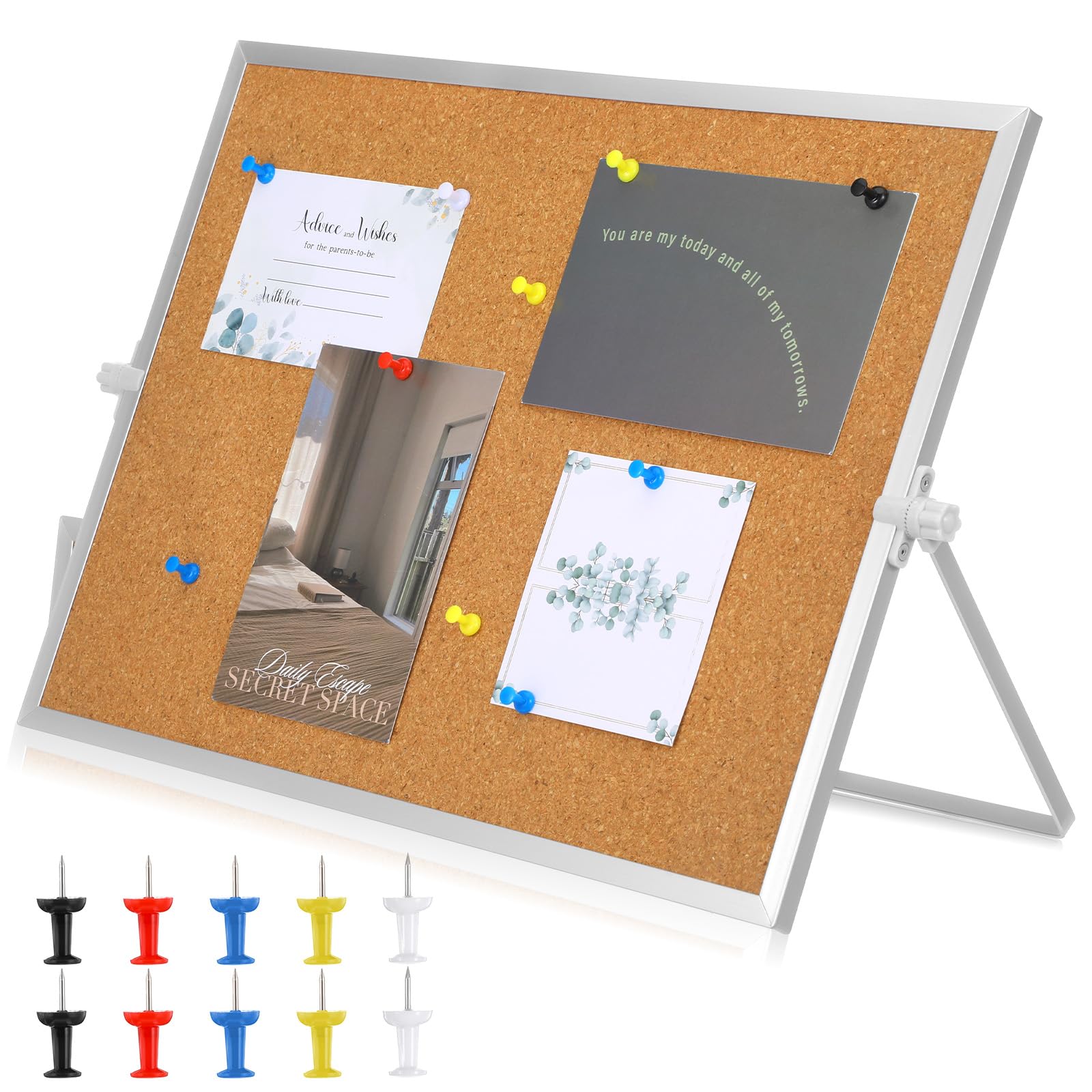 Photo 1 of 1 Pcs 11.81"×15.74" Cork Bulletin Board, Double Sided Pin with Silver Aluminum Border, Small Desktop Cork Board with Stand for Home, Office, School, Desk Message or Picture
