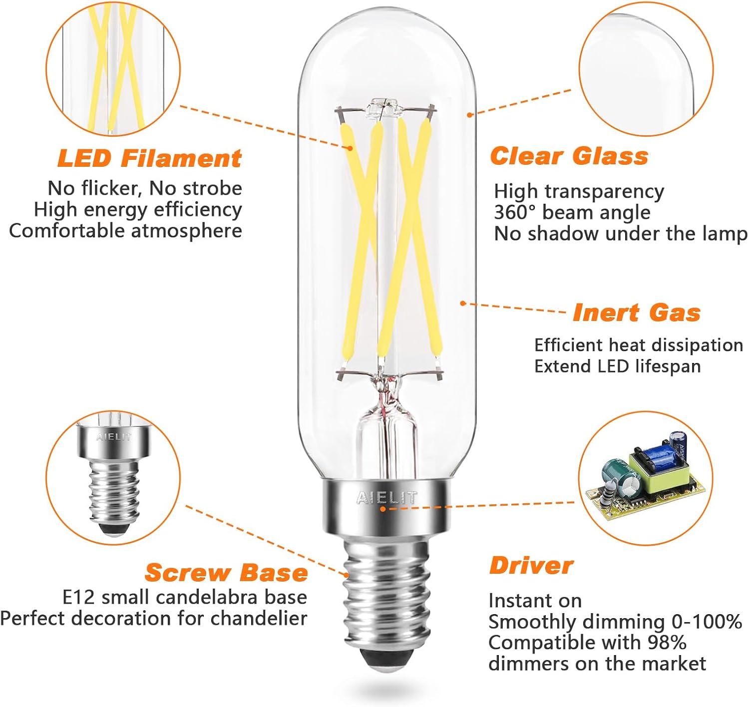 40W Equivalent T8 Dimmable Clear Glass Decorative Filament LED Light Bulbs, E12 Small Candelabra Base, Tube 4-Watt LED Bulb for Home, Kitchen, Natural White 4000K, 8-Pack
