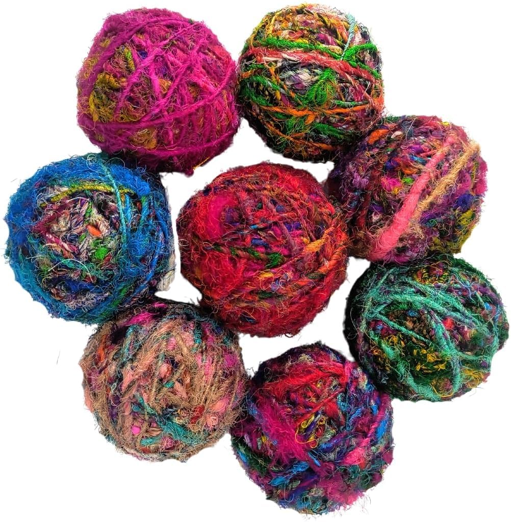 KnitSilk Recyceltes Sari-Seidengarn, 10 Stück, je 100 g, mehrfarbige sperrige Garnknäuel, 80+ Meter pro Knäuel, verschiedene Textilfasern zum Stricken, Häkeln, Weben, Makramee, Basteln und