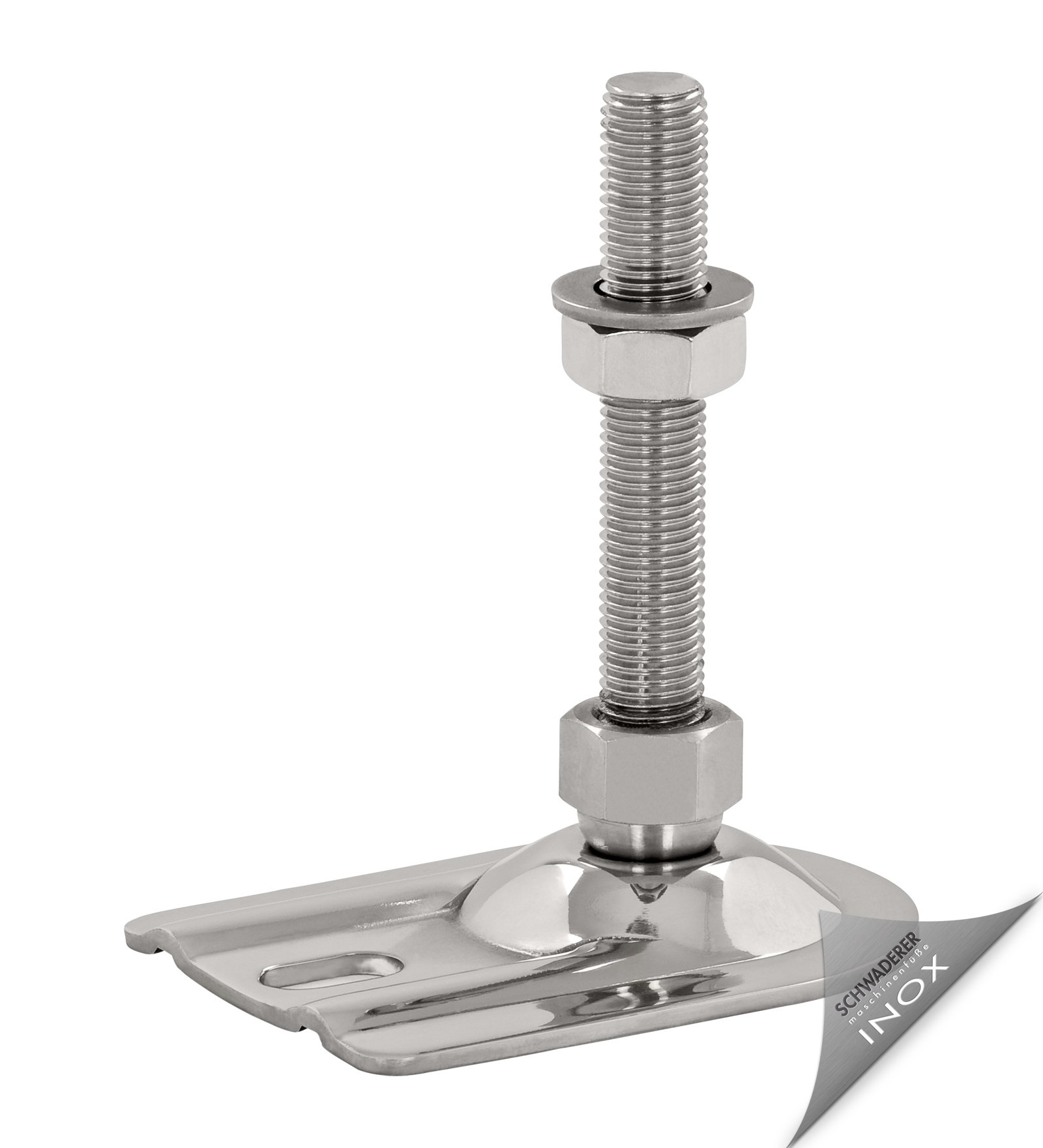 Schwaderer Maschinenfuß/Stellfuß/Nivellierfuß/Gelenkfuß, höhenverstellbar BSFE 120 V, Ø 120mm, Gewindegrößen von M8-M30, Edelstahl, verstärkte Ausführung (M12x200)