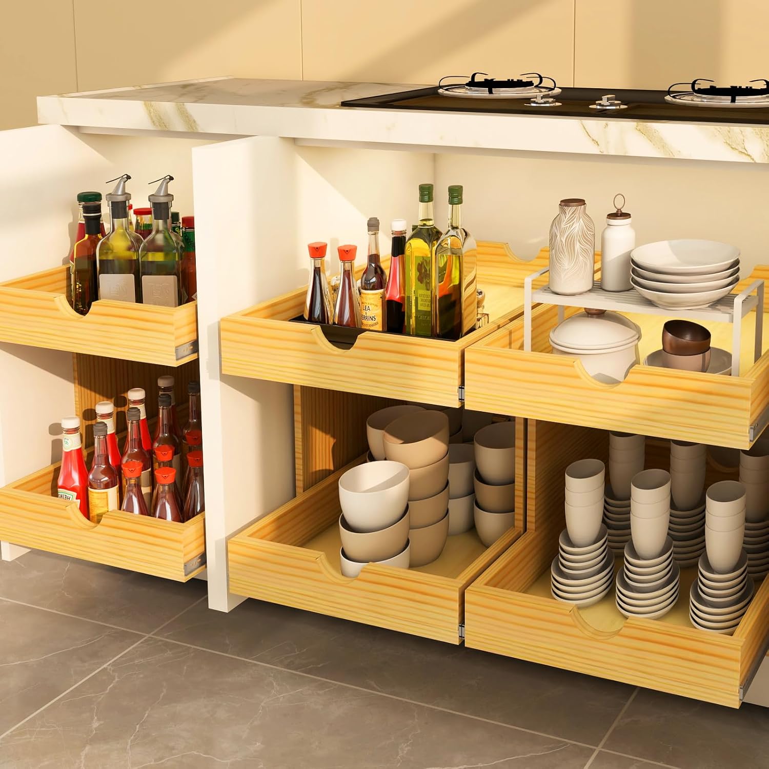 2 Tier Pull Out Cabinet Organizer 14''W×21''D×16.2''H Heavy Duty Slide Out Wood Sliding Drawer, Cabinet Shelf Pull Out Drawer Storage Organizer for Kitchen Pantry Bathroom