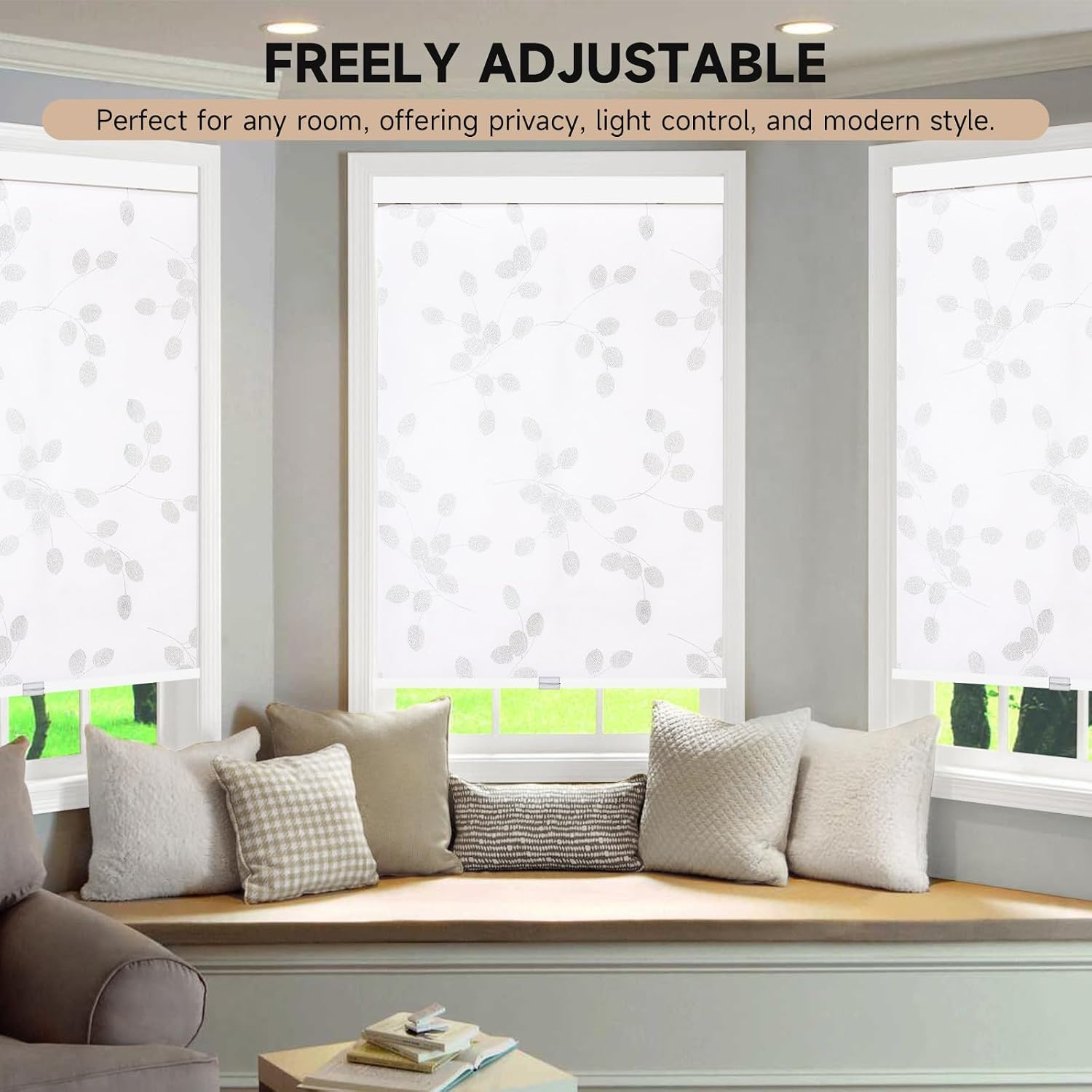 Cordless Roller Shades Light Filtering Blinds, Jacquard Fabric, Thermal Insulation, Privacy, UV Protection, Patterned Window Shade for Home, Office, Custom Size
